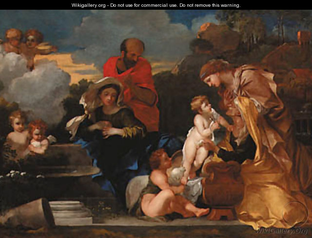 The Holy Family with the infant Saint John the Baptist and Saints Anne and Elizabeth - (after) Sebastien Bourdon
