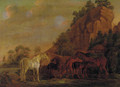 Mares and foals by a rocky outcrop - (after) Sawrey Gilpin