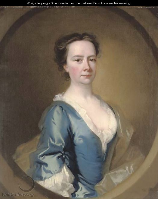 Portrait of a lady, half-length, in a blue dress and white chemise, feigned oval - (after) Thomas Hudson