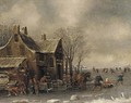 Townsfolk skating and sledging on a frozen lake before a building - (after) Thomas Heeremans