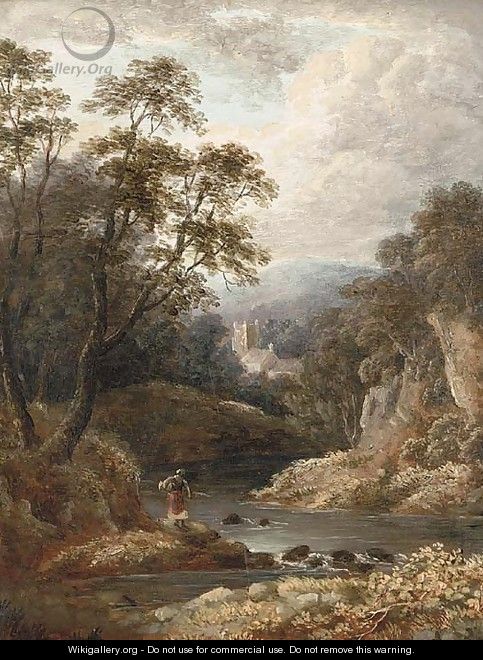 A figure on a riverbank with a church beyond - (after) Thomas Creswick