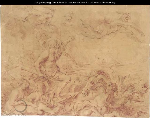 Neptune commanding the Winds, attended by tritons and nereids, a fleet beyond, after Rubens - (after) Theodor Van Thulden