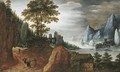 Peasants on a path in a rocky landscape, near a farmhouse with a watermill, a castle beyond - (after) Tobias Van Haecht (see Verhaecht)