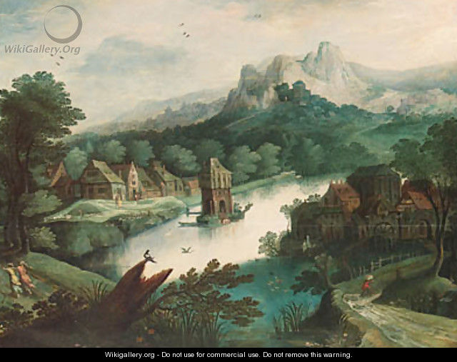 A wooded river landscape with figures by a village and a tower on an island - (after) Tobias Van Haecht (see Verhaecht)