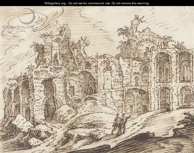 A ruined bath with figures among rocks in the foreground - (after) Tobias Van Haecht (see Verhaecht)
