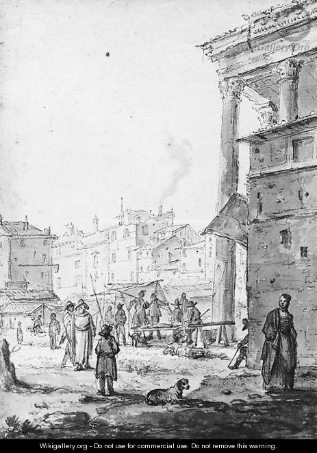 A market scene in an Italian town - (after) Thomas Wyck