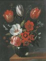 Tulips, roses and other flowers in a glass vase on a wooden ledge - (after) Nicolaes Van Verendael