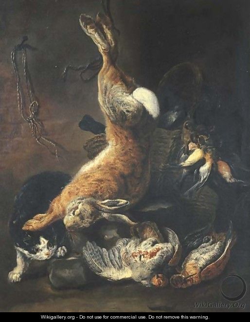A hunting still life with a hare hanging from a rope by a stone wall - (after) Nicolaas Van Herp