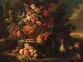 Flowers in an urn on a plinth by a fountain with chickens and fruit in a landscape - (after) Nicola Casissa