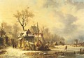 Winter houses by a frozen river at dusk - (after) N.M. Wijdoogen