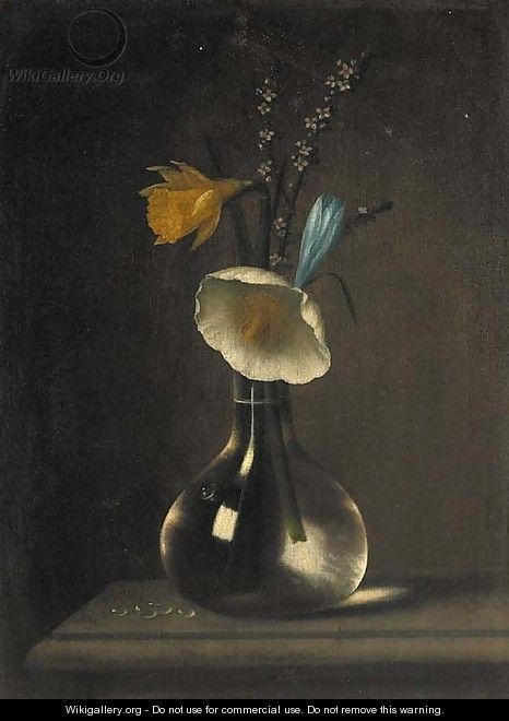 A daffodil, anenomie, crocus and blossom in a glass vase on a ledge - (after) Minheer Van Der Nigglefrigg