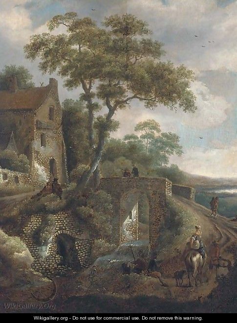 A wooded river landscape with travellers by a bridge - (after) Michiel Van Vries
