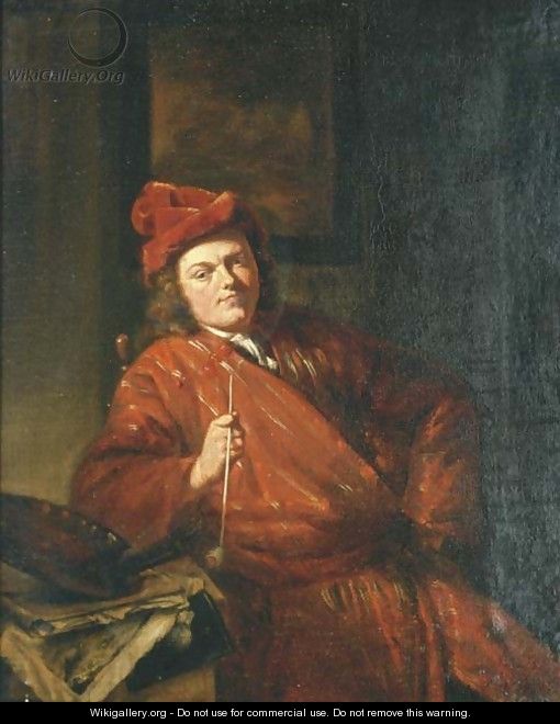 Portrait of an artist smoking a pipe - (after) Michiel Van Musscher