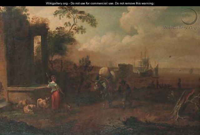 A Shepherdess and a muleteer by a wall, a harbour beyond - (after) Michiel Carree