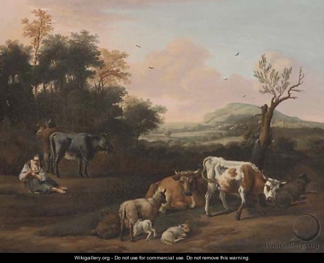 A drover, cattle and a shepherdess in an extensive landscape - (after) Michiel Carree
