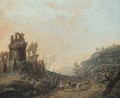 Travellers on a path near a ruined castle - (after) Maximillian Joseph Schinnagl