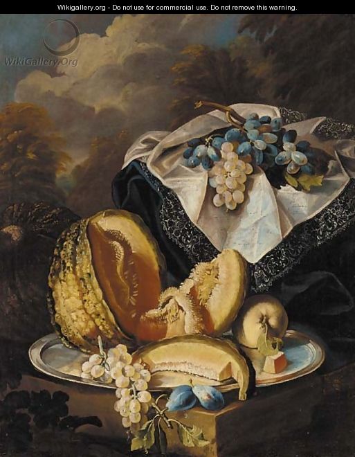 Grapes, melon, an apple and plums on a silver salver - (after) Maximilian Pfeiler