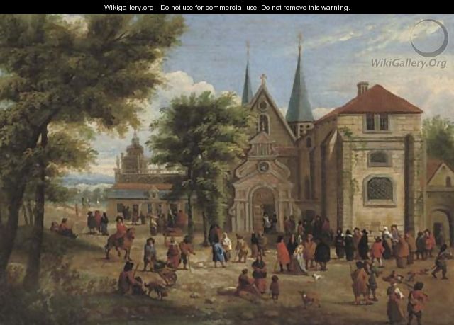 Figures gathered in front of a church in a wooded landscape - (after) Mathys Schoevaerdts