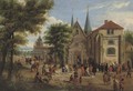 Figures gathered in front of a church in a wooded landscape - (after) Mathys Schoevaerdts