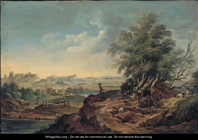 An extensive landscape with a herdsman and livestock in the foreground, a village seen beyond - (after) Martin Von Molitor