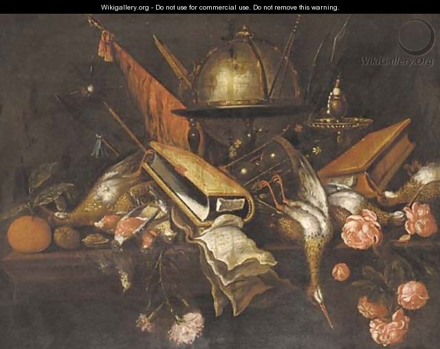 A globe, a book, an hourglass, dead game, roses, fruit and weapons on a table - (after) Petrus Schotanus