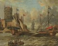 Two galleons and other shipping in choppy waters, by a city gate - (after) Petrus Van Der Velden