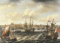 A view of Amsterdam with a Dutch frigate firing a salute, other men-o'-war, frigates and wijdschepen on the IJ nearby - (after) Petrus Van Der Velden