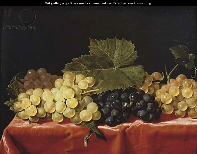 Red and white grapes on a draped table - (after) Paul Liegeois