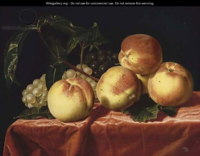 Peaches and grapes on a draped table - (after) Paul Liegeois