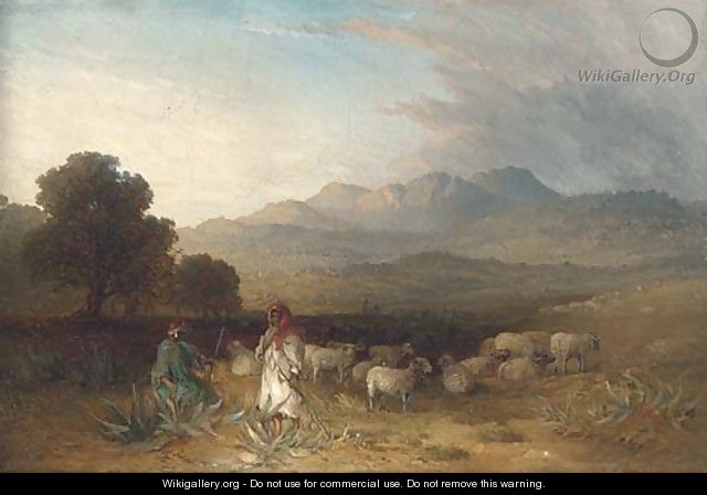 Arab figures with a flock of sheep in a landscape - (after) Paul H. Ellis