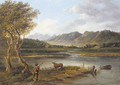 A drover and a cow in a mountainous river landscape - (after) Patrick Nasmyth