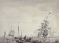 Men-o'-war and other vessels in a stiff breeze before a coast, young men carrying a basket in the foreground 'en grisaille' - (after) Olfert De Vrij