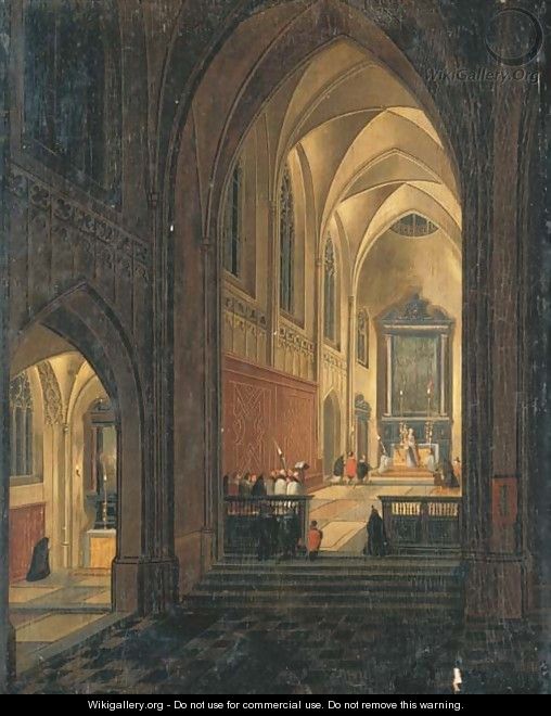 A nightime interior of a cathedral with a priest celebrating Mass - (after) Pieter The Younger Neefs