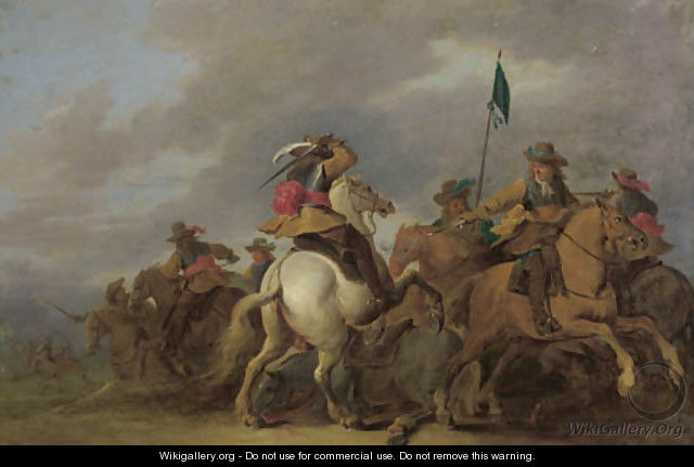 A cavalry skirmish in a landscape - (after) Pieter Meulener