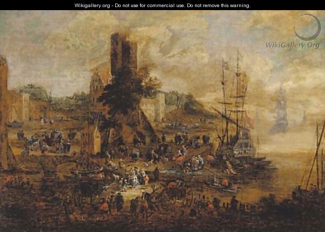 A quayside with numerous figures - (after) Pieter II Casteels
