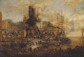 A quayside with numerous figures - (after) Pieter II Casteels