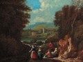 A wooded landscape with washerwomen at a riverside - (after) Pieter Bout