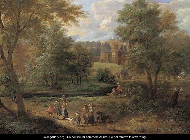 A Wooded River Landscape With Travellers On A Path And Anglers By A River, A Town Beyond - (after) Pieter Bout