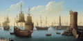 The entrance to a fortified harbour with men-o'-war at anchor, figures on a quay in the foreground - (after) Pierre Puget