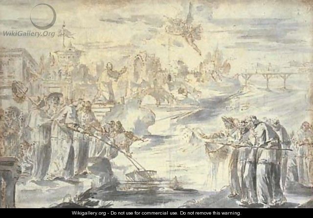 A satire on the election of a pope Groups of Spanish and French cardinals on either side of a river fishing for the papal tiara, with an angel bringi - (after) Pier Leone Ghezzi
