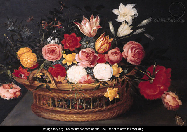 Tulips, roses, lilies, a peony, forget-me-nots, anemone and other flowers with a butterfly in a basket, on a stone ledge - (after) Phillipe De Marlier