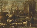 A drover on horseback watering his cattle at a fountain and shepherd with - (after) Philipp Peter Roos