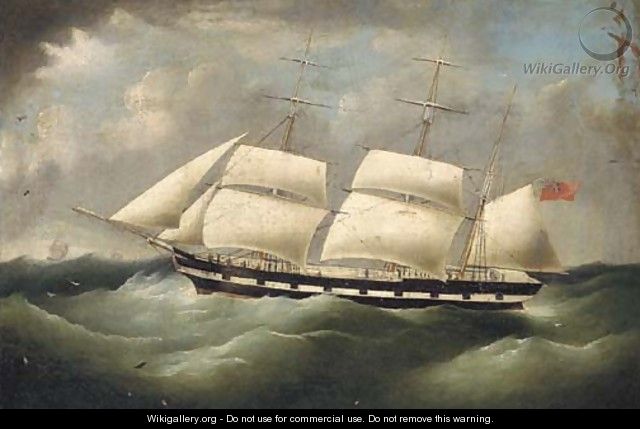 A merchantman under reduced sail in heavy seas - (after) Richard B. Spencer