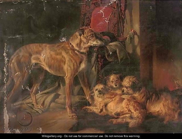 A Scottish deerhound and three dandy dinmonts by an open fire - (after) Richard Ansdell