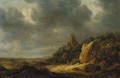 An extensive dune landscape with a ruined castle on a hill and travellers on a path - (after) Reinier Van Der Laeck