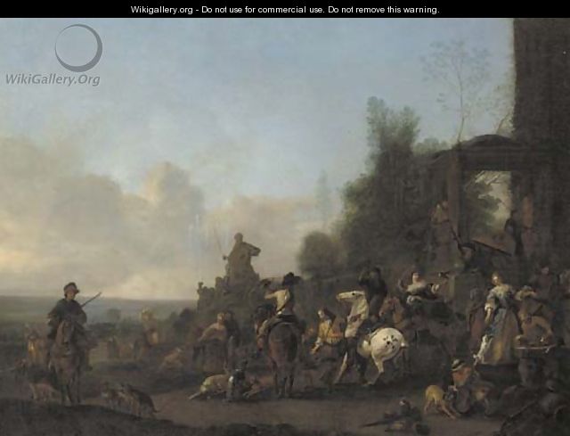 A hawking party at rest near a fountain - (after) Pieter Wouwermans Or Wouwerman