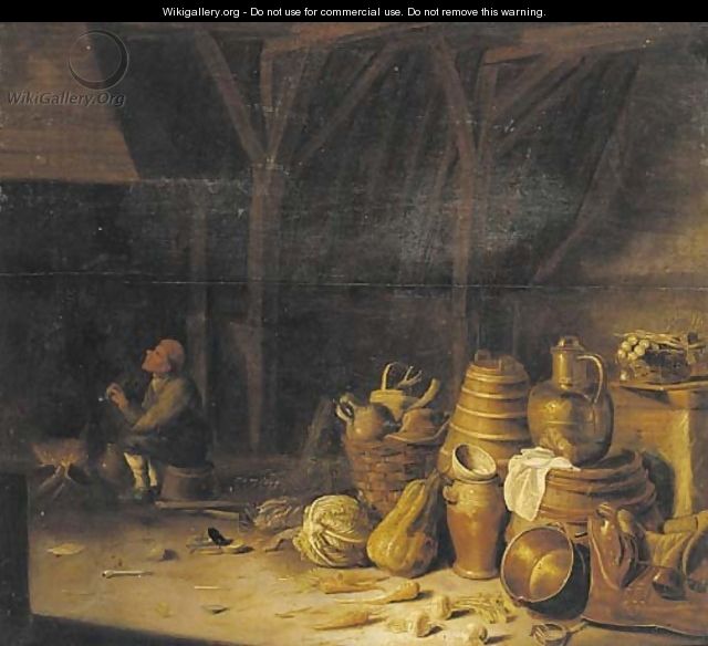 The interior of a barn with a peasant smoking a pipe by a fireside - (after) Pieter Van Steenwyck