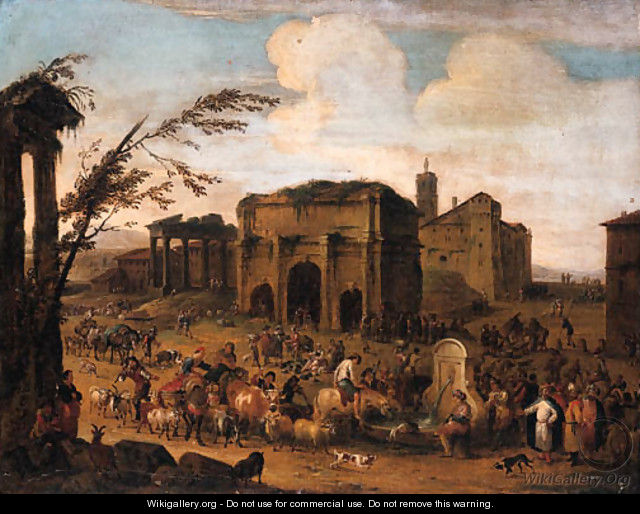 A Capriccio of a Roman Marketplace with Peasants and Levants at a Fountain - (after) Pieter Van Bredael