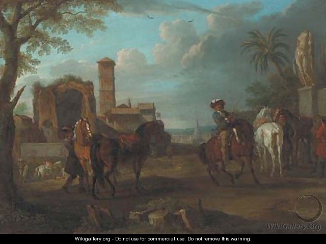 An Italianate town with Roman ruins and horsemen in the foreground - (after) Pieter Van Bloemen