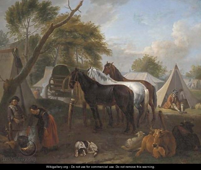 A military encampment with figures cooking in the foreground - (after) Pieter Van Bloemen